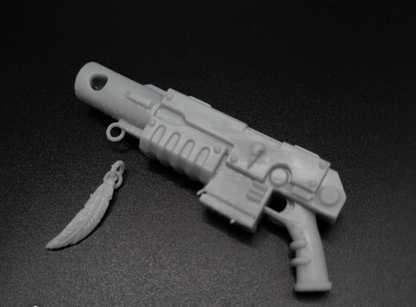 Raven Warrior Order Blackout Master-Forged Striker Pistol custom resin ranged weapon compatible with McFarlane Toys 7-inch armored action figures for painting, customization, and display.