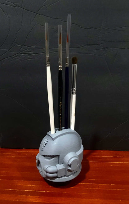 Retribution Wardens G:7 Helmet PLA 3D printed paint brush holder with four openings for miniature painting brushes and hobby tools.