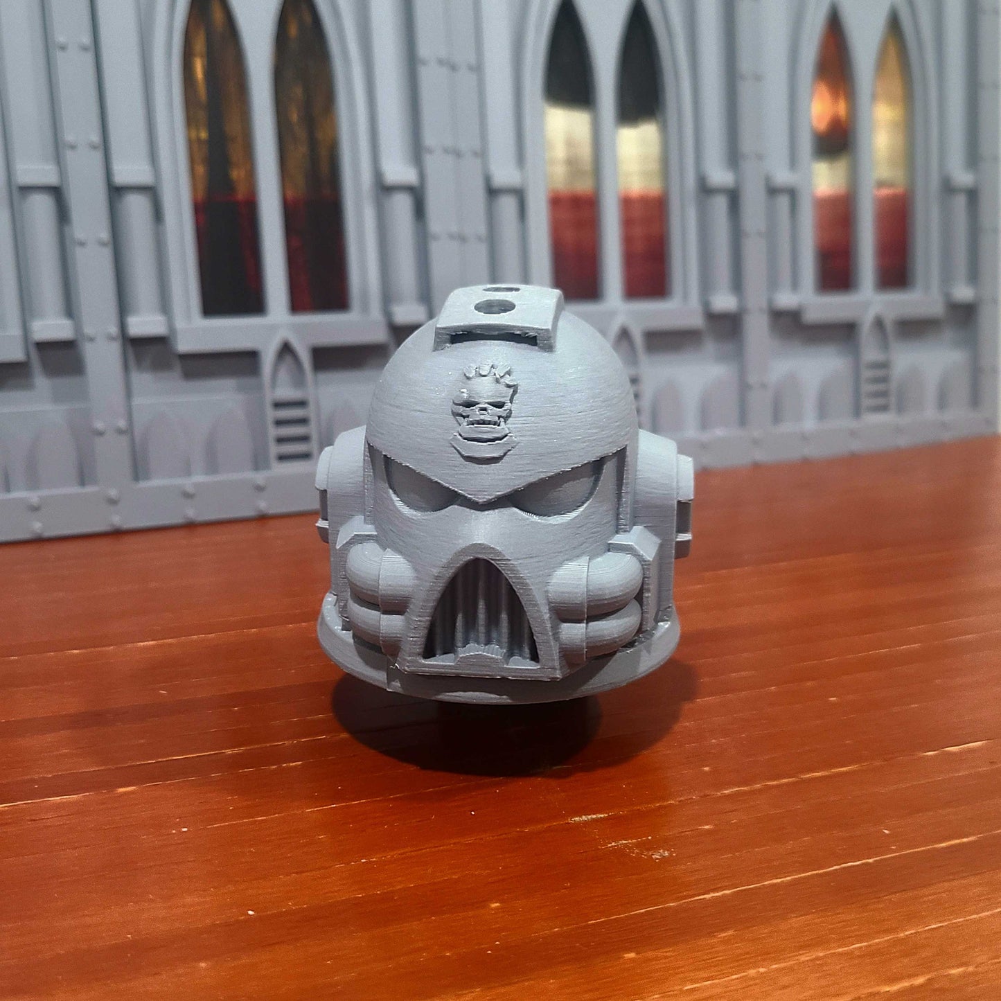 Retribution Wardens G:7 Helmet PLA 3D printed paint brush holder with four openings for miniature painting brushes and hobby tools.