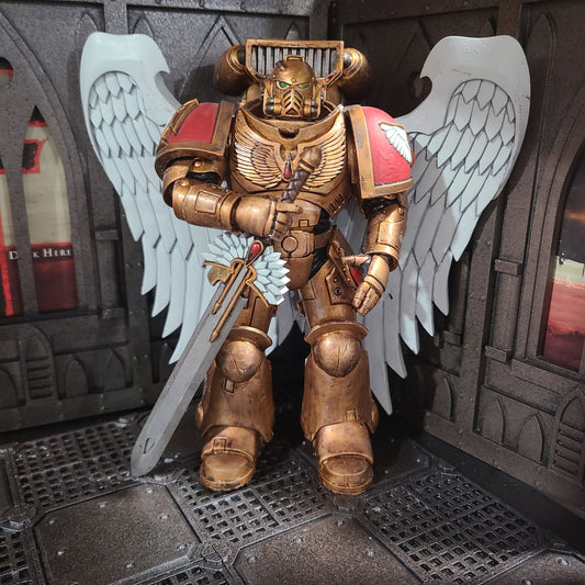 Custom resin Sanguis Legion energy sword with winged blood drop emblem compatible with McFarlane Toys 7-inch 1:12 scale armored action figures.