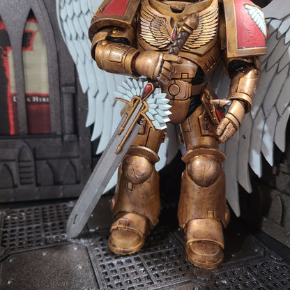Custom resin Sanguis Legion energy sword with winged blood drop emblem compatible with McFarlane Toys 7-inch 1:12 scale armored action figures.