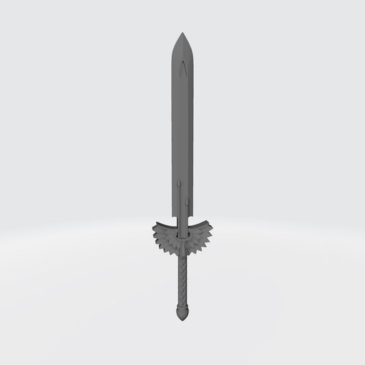 Custom resin Sanguis Legion energy sword with winged blood drop emblem compatible with McFarlane Toys 7-inch 1:12 scale armored action figures.