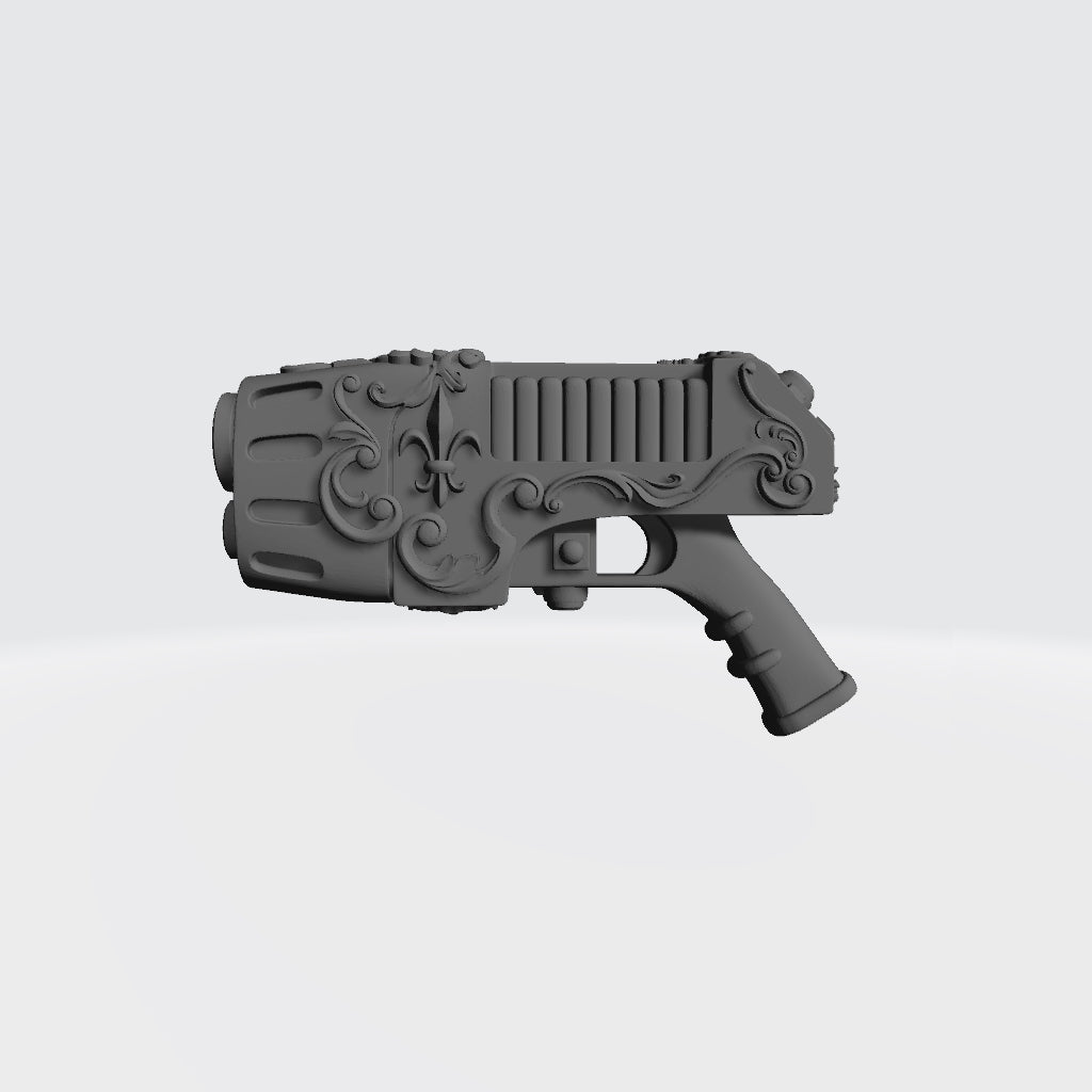 Sisters of Valor Warrior Order Artisan Pattern Energy Pistol with Fleur emblem custom resin weapon compatible with McFarlane Toys 1:12 scale figures