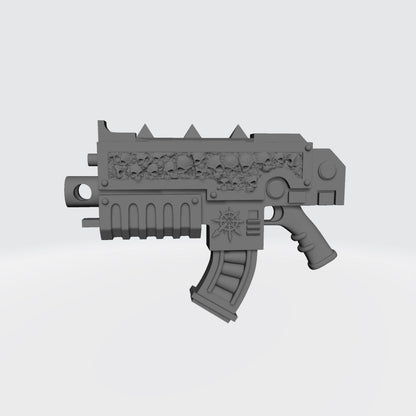 Traitor Warrior Order combat rifle with skull inlay and curved magazine compatible with McFarlane Toys 7-inch armored action figures
