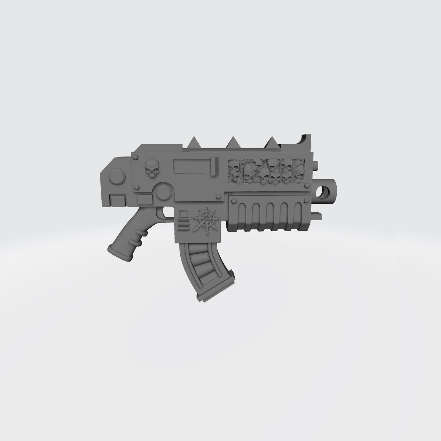 Traitor Warrior Order combat rifle with skull inlay and curved magazine compatible with McFarlane Toys 7-inch armored action figures
