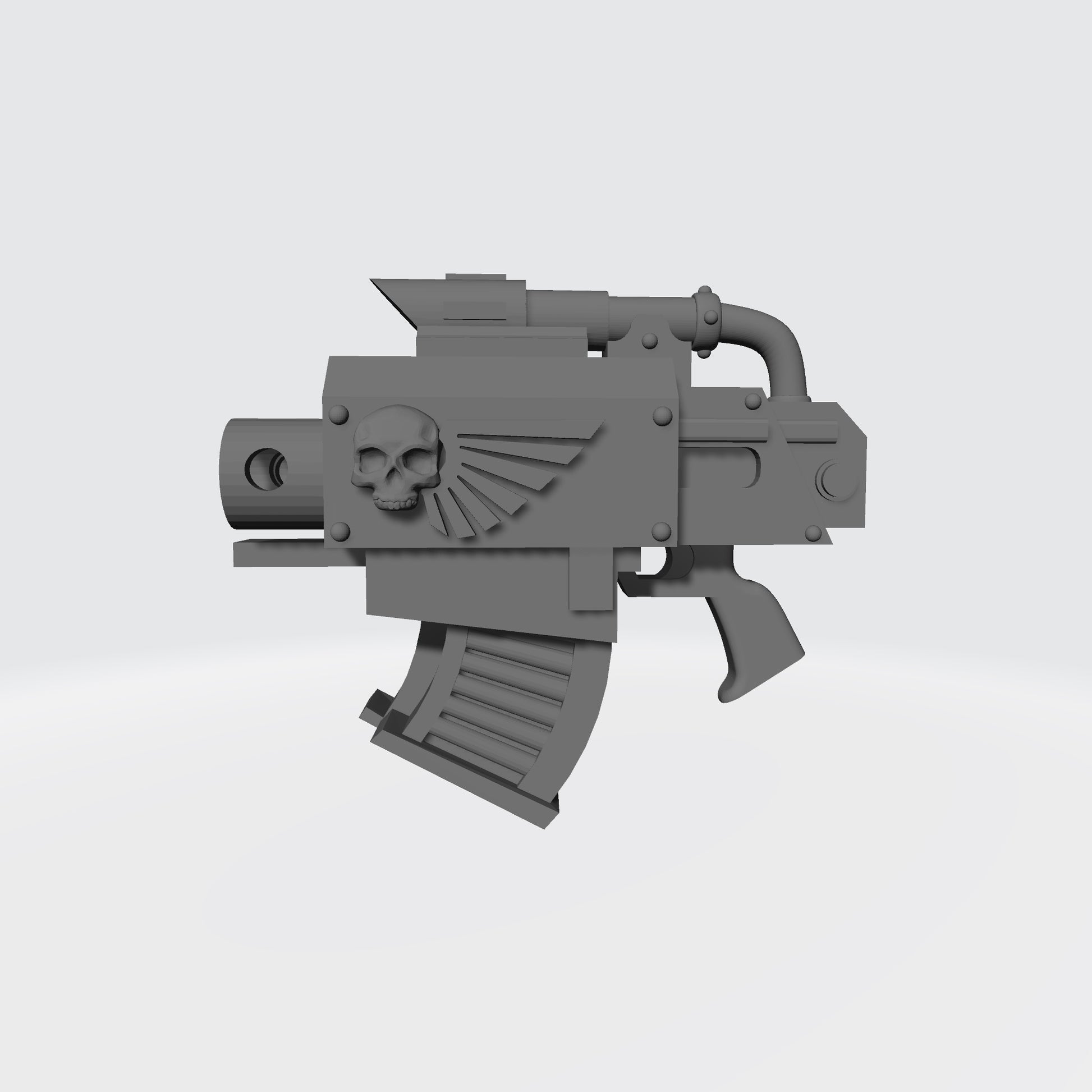 Twin Barrel Battle Pistol V1 custom resin ranged weapon compatible with McFarlane Toys 1:12 scale armored action figures featuring a detailed dual-barrel sci-fi design for collectors, painters, and customizers.