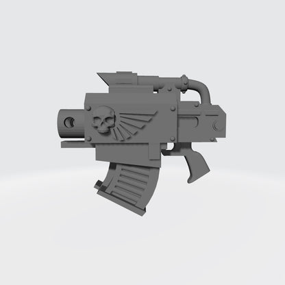 Twin Barrel Battle Pistol V1 custom resin ranged weapon compatible with McFarlane Toys 1:12 scale armored action figures featuring a detailed dual-barrel sci-fi design for collectors, painters, and customizers.