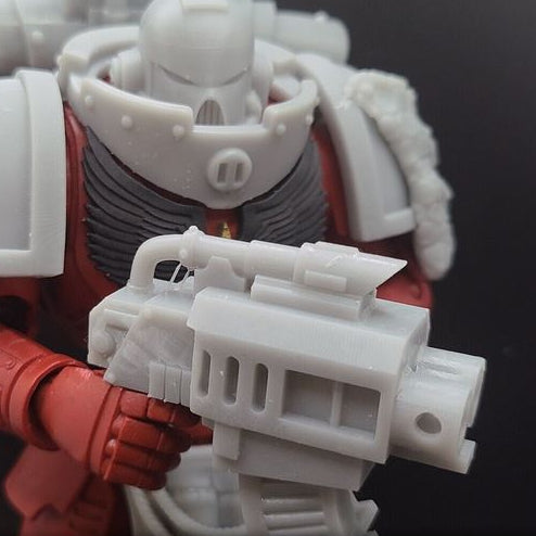 Twin Barrel Battle Pistol V1 custom resin ranged weapon compatible with McFarlane Toys 1:12 scale armored action figures featuring a detailed dual-barrel sci-fi design for collectors, painters, and customizers.