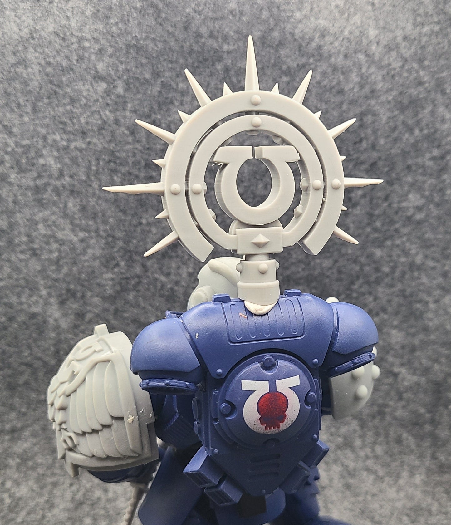 Custom resin Ultra Warrior Order Iron Halo with icon backpack accessory compatible with McFarlane Toys 7-inch 1:12 scale armored action figures.