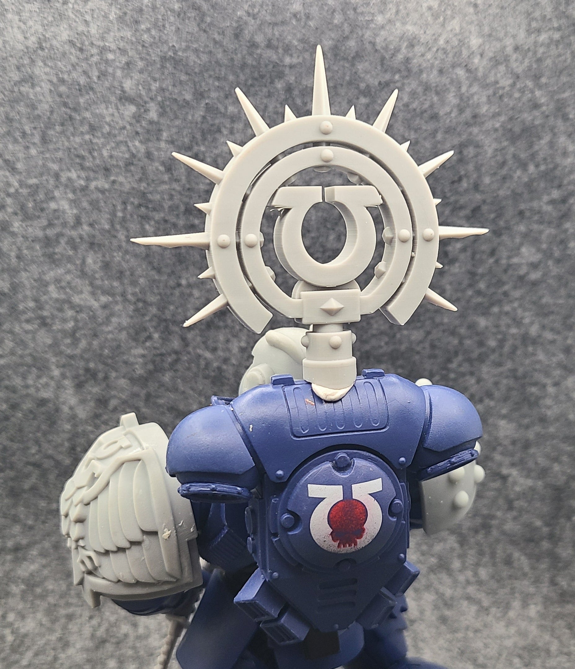 Custom resin Ultra Warrior Order Iron Halo with icon backpack accessory compatible with McFarlane Toys 7-inch 1:12 scale armored action figures.