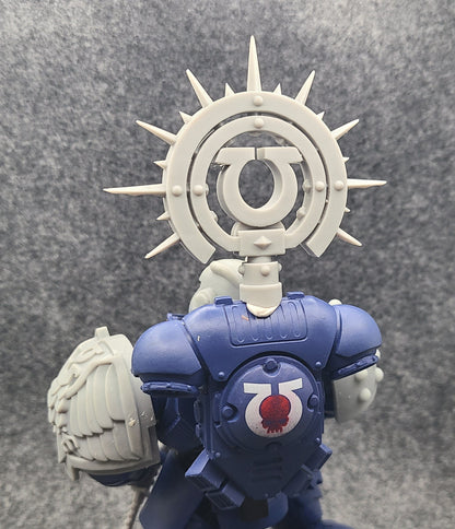 Custom resin Ultra Warrior Order Iron Halo with icon backpack accessory compatible with McFarlane Toys 7-inch 1:12 scale armored action figures.