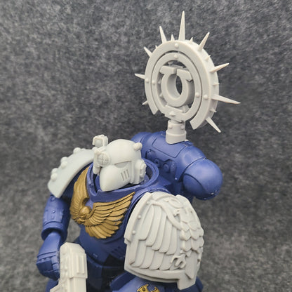 Custom resin Ultra Warrior Order Iron Halo with icon backpack accessory compatible with McFarlane Toys 7-inch 1:12 scale armored action figures.
