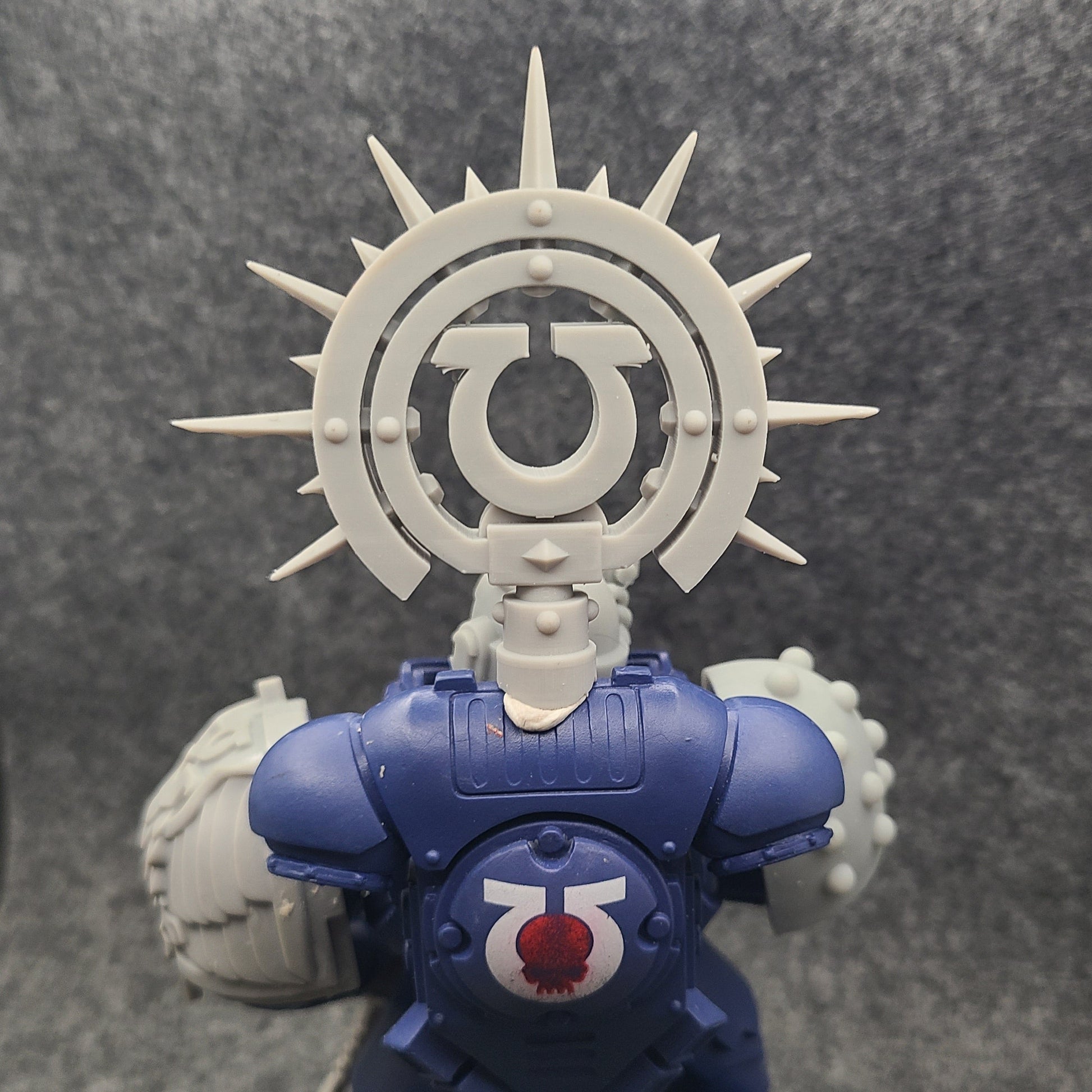 Custom resin Ultra Warrior Order Iron Halo with icon backpack accessory compatible with McFarlane Toys 7-inch 1:12 scale armored action figures.