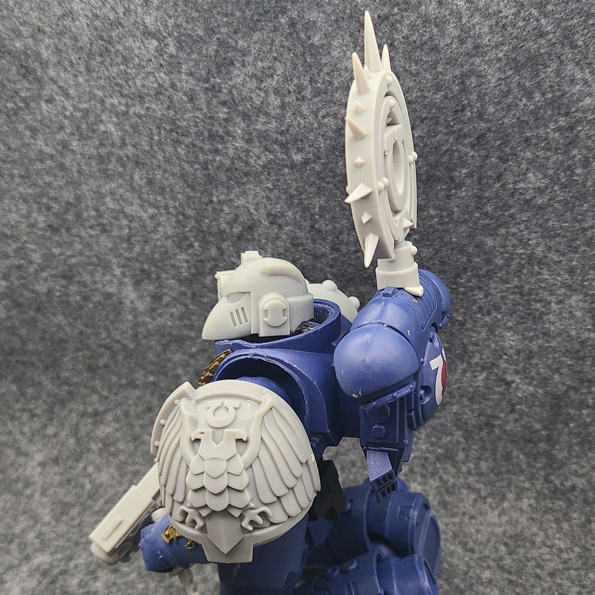 Custom resin Ultra Warrior Order Iron Halo with icon backpack accessory compatible with McFarlane Toys 7-inch 1:12 scale armored action figures.