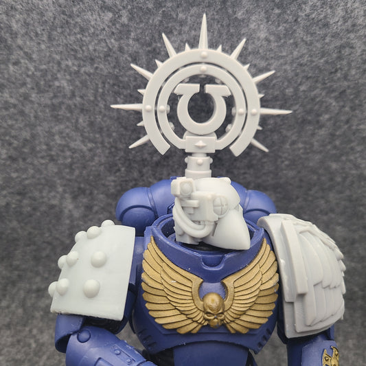 Custom resin Ultra Warrior Order Iron Halo with icon backpack accessory compatible with McFarlane Toys 7-inch 1:12 scale armored action figures.