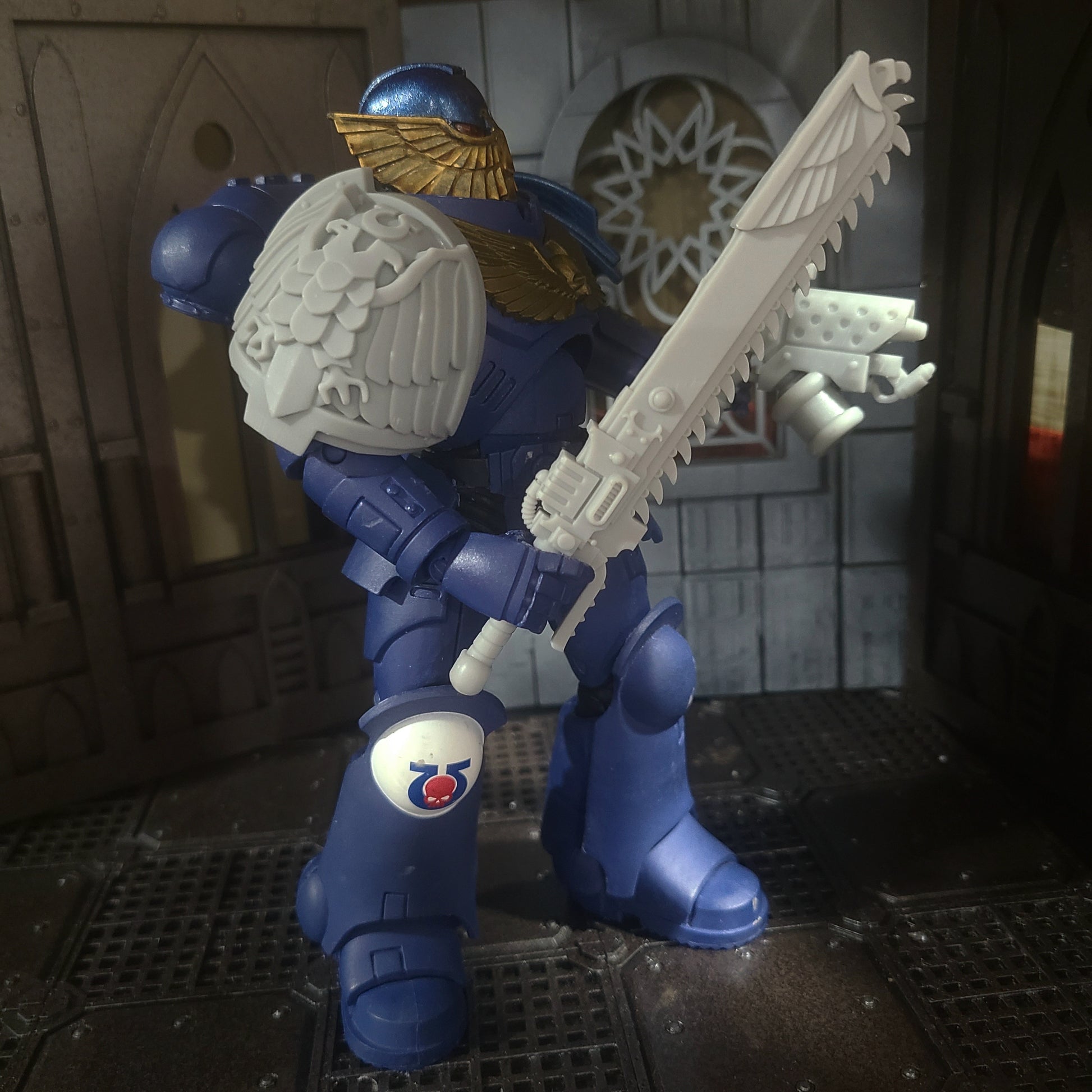 Custom resin Ultra Warrior Order chainsword with skull pommel compatible with McFarlane Toys 7-inch 1:12 scale armored action figures.