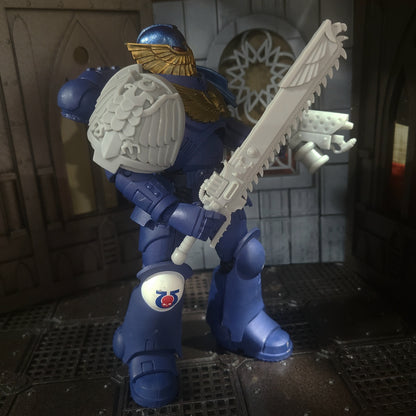 Custom resin Ultra Warrior Order chainsword with skull pommel compatible with McFarlane Toys 7-inch 1:12 scale armored action figures.