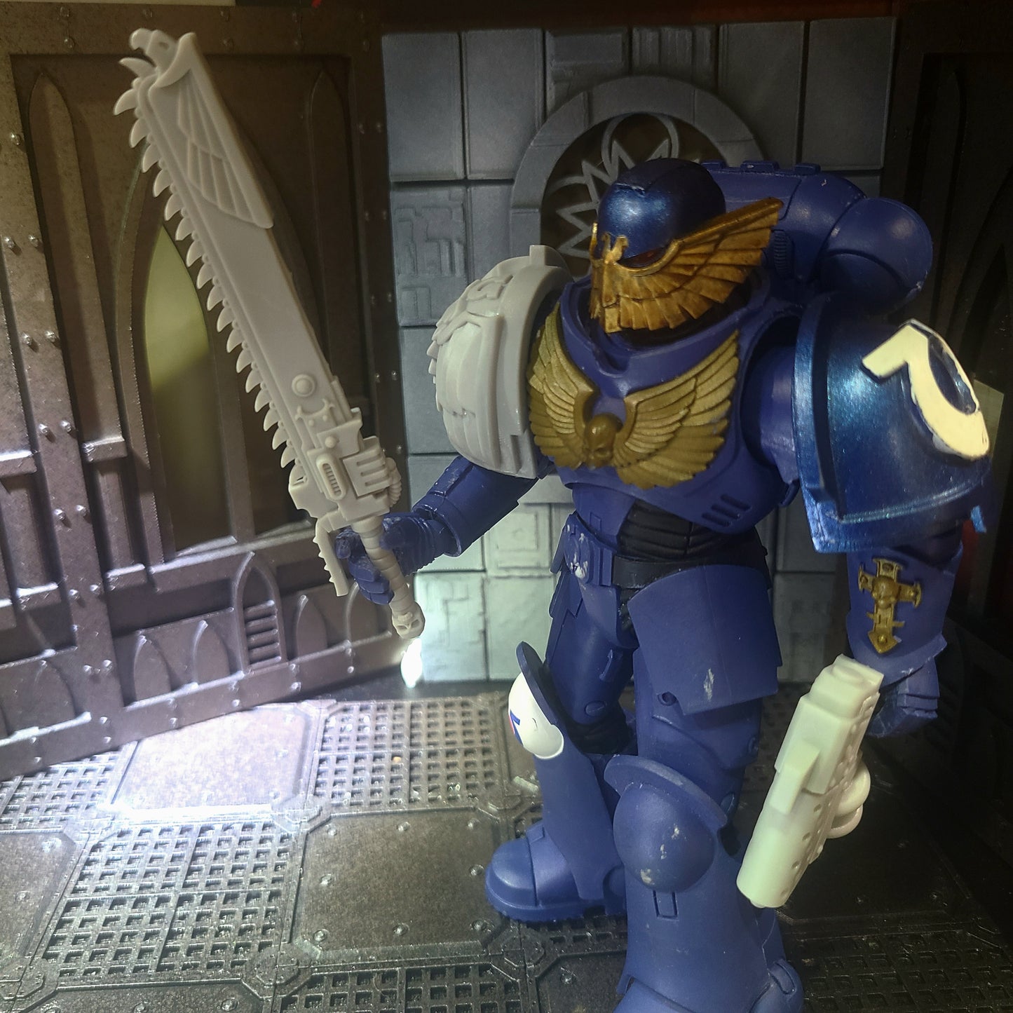 Custom resin Ultra Warrior Order chainsword with skull pommel compatible with McFarlane Toys 7-inch 1:12 scale armored action figures.