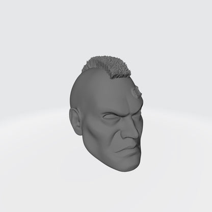 Veteran Sergeant Head with Mohawk and Two Service Studs Over Left Eye custom resin head sculpt compatible with McFarlane Toys 7-inch armored action figures.