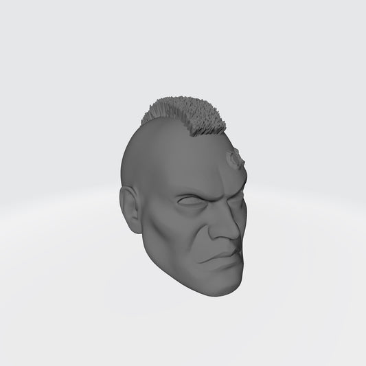 Veteran Sergeant Head with Mohawk and Two Service Studs Over Left Eye custom resin head sculpt compatible with McFarlane Toys 7-inch armored action figures.