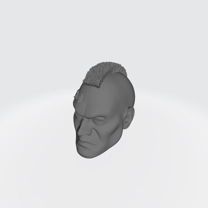 Veteran Sergeant Head SM001 with Mohawk and Two Service Studs Over Right Eye custom resin head sculpt compatible with McFarlane Toys 7-inch armored action figures.