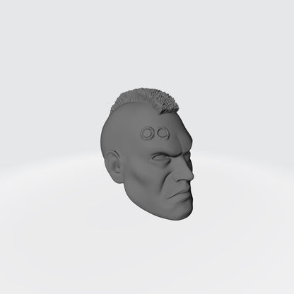 Veteran Sergeant Head SM001 with Mohawk and Two Service Studs Over Right Eye custom resin head sculpt compatible with McFarlane Toys 7-inch armored action figures.