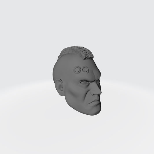 Veteran Sergeant Head SM001 with Mohawk and Two Service Studs Over Right Eye custom resin head sculpt compatible with McFarlane Toys 7-inch armored action figures.