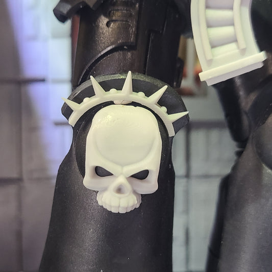 Veteran Skull with Iron Halo Knee Pad Armor Decal Set compatible with McFarlane Toys 7-inch armored action figures custom resin insignia