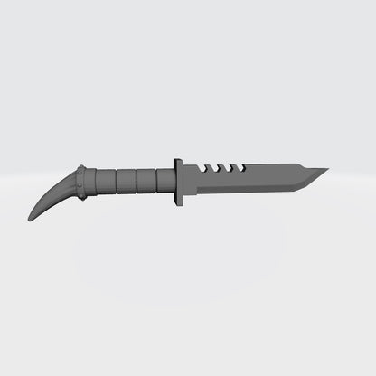 Custom resin Wolf Warrior Order combat knife with optional sheath compatible with McFarlane Toys 7-inch 1:12 scale armored action figures.
